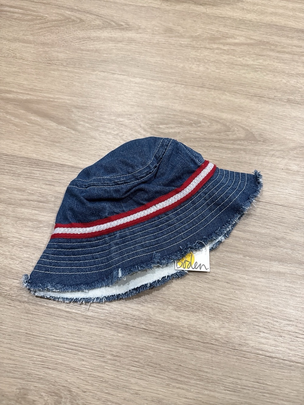 Boden Toddler Denim Bucket Hat with Red & White Stripe